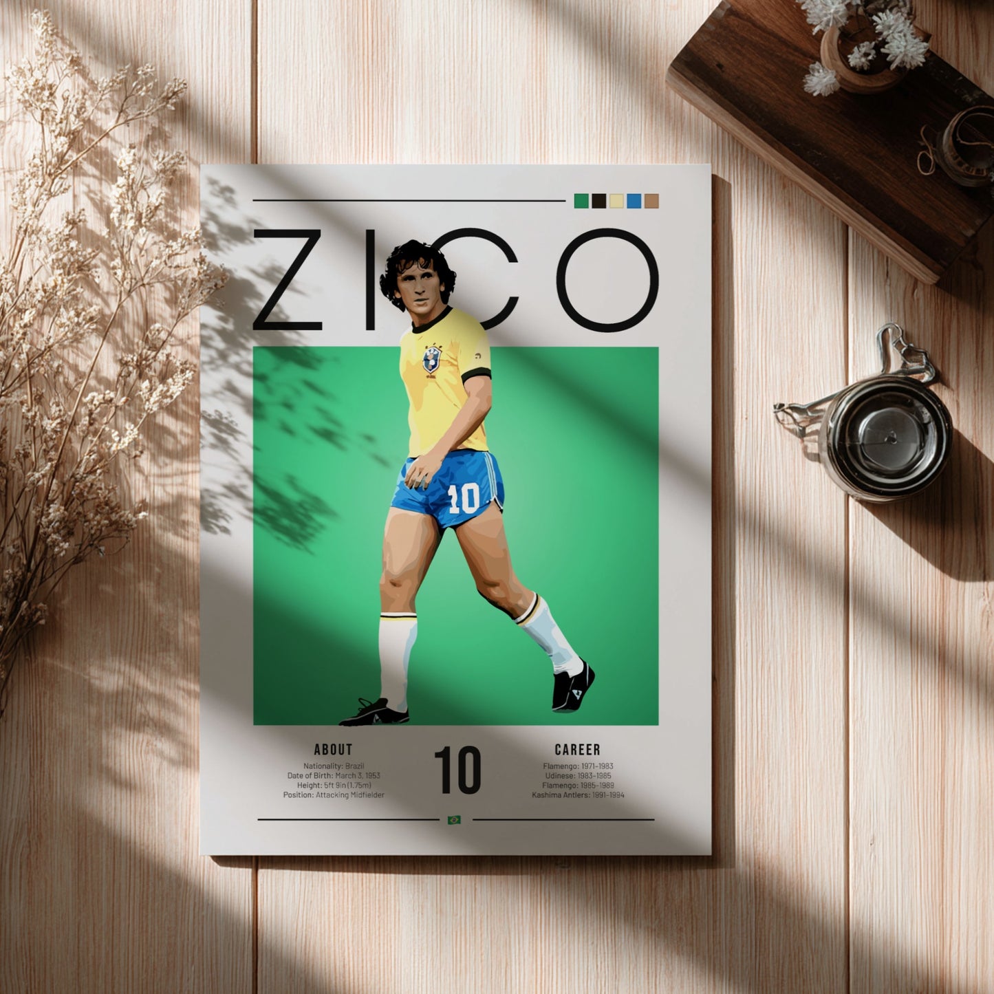 Zico Brazil football player wall art in vibrant colors showcasing retro style