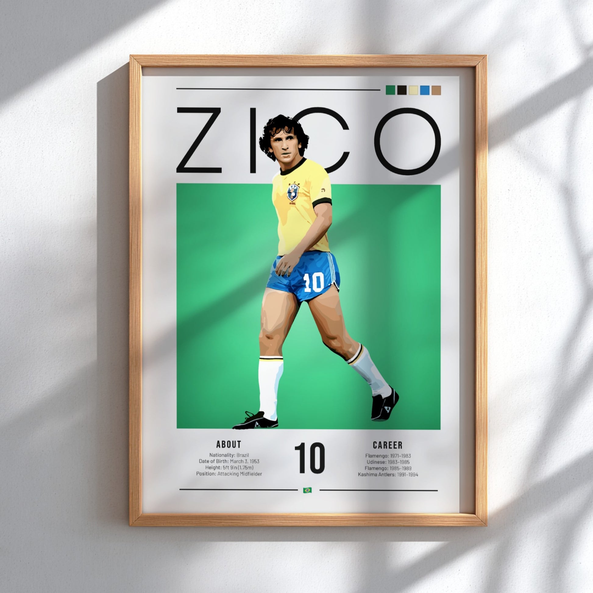 Zico Brazil football player wall art in vibrant colors showcasing retro style