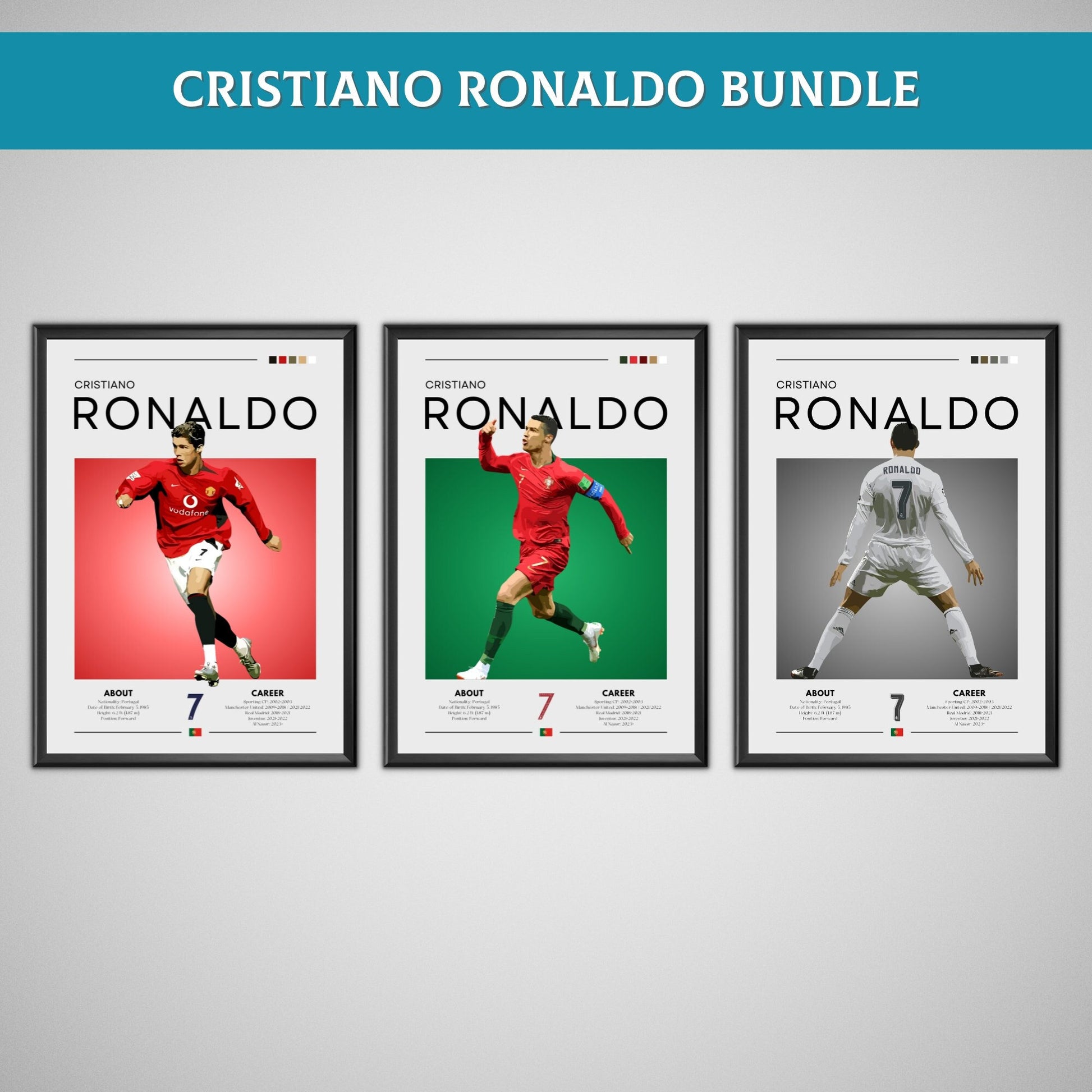 Cristiano Ronaldo Poster Bundle, Cristiano Ronaldo prints, Football Gift, Sports Posters, Football Player Poster, Soccer Wall Art, Ronaldo